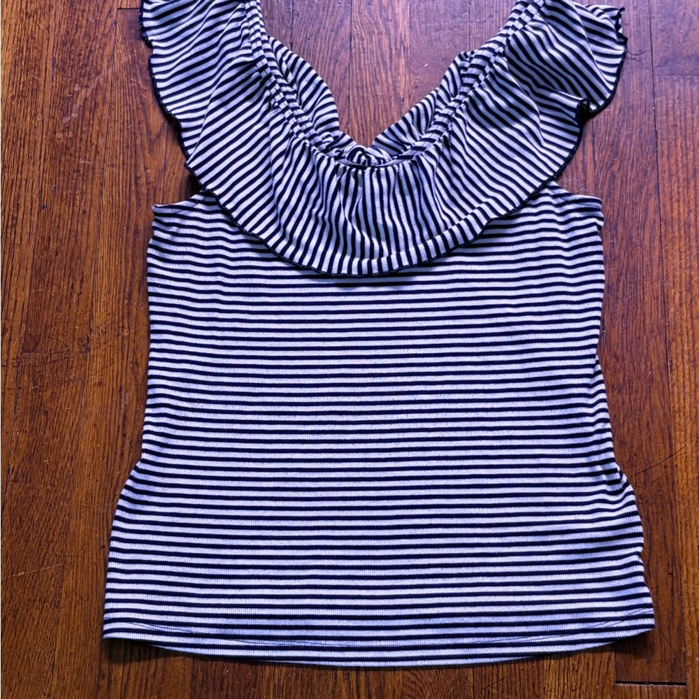 a new day Black and White Striped Ruffle Blouse